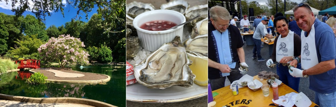 From left, the New Hanover County Arboretum, where A Roast for the Coast is being held Oct. 24, oysters on the half shell, and attendees shuck their own oysters at a past roast. Collage: N.C. Coastal Federation