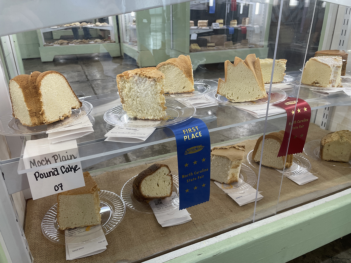 Ribbon-winning mock pound cakes are displayed during the 2024 N.C. State Fair. Photo: Liz Biro