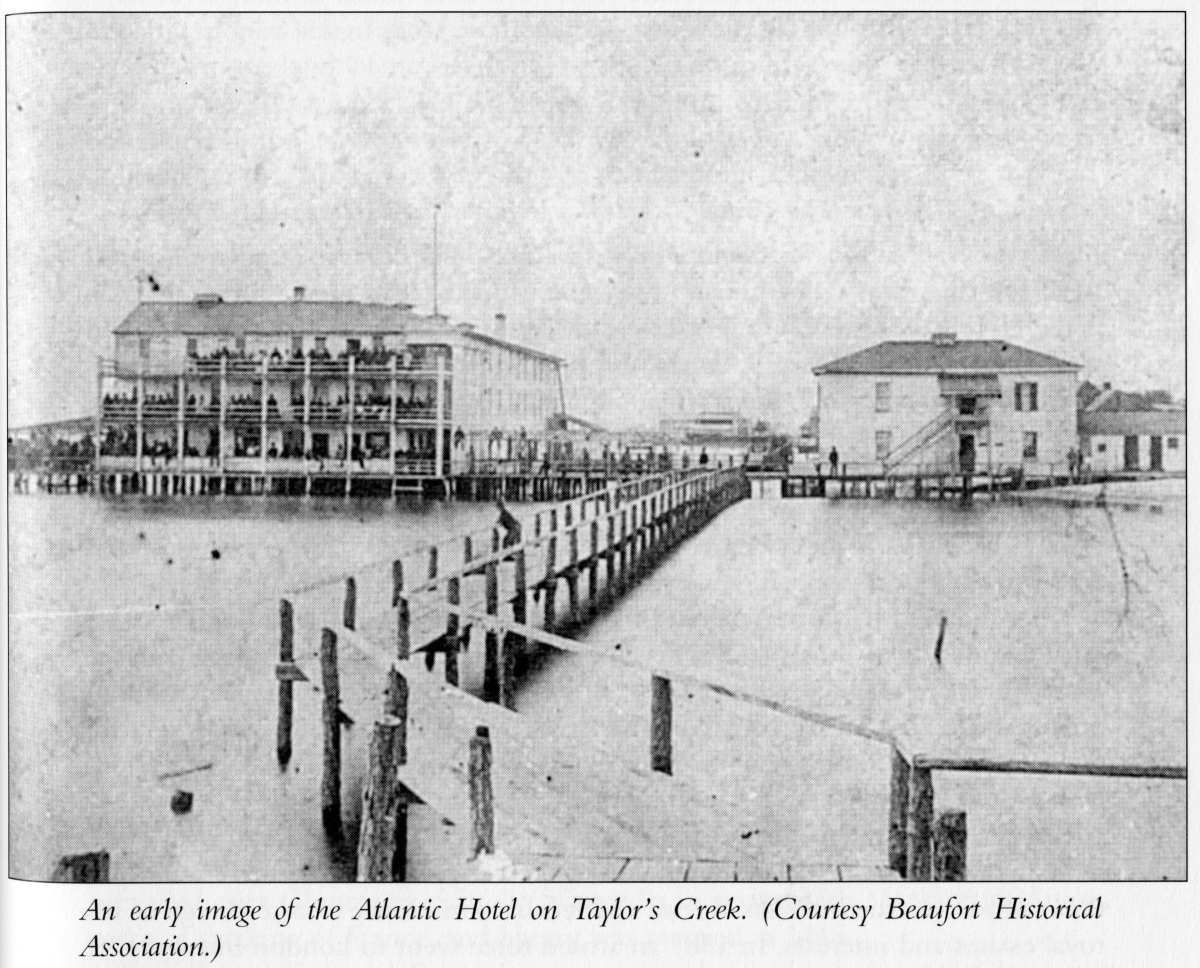 An early view of the Newspaper clipping of Atlantic Hotel in Beaufort before it was destroyed in an 1879 hurricane courtesy of NC Maritime Museums.
