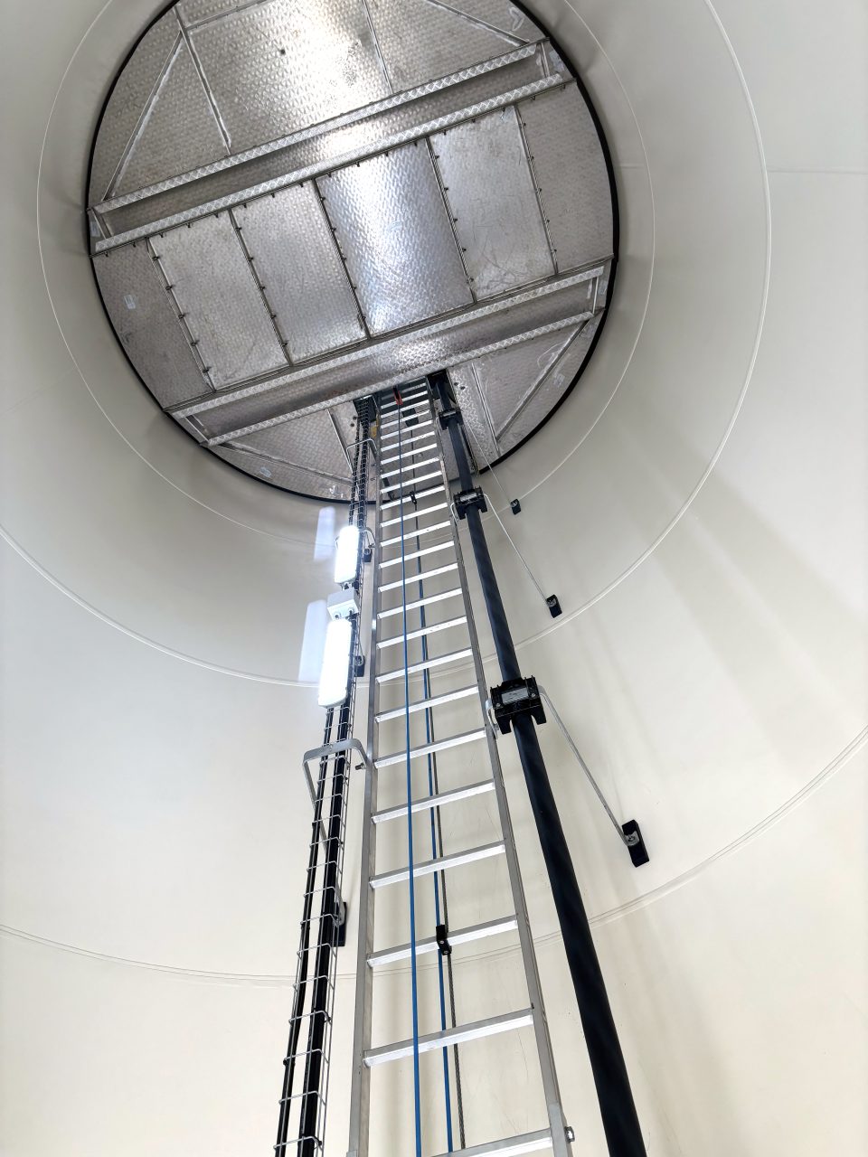 A view looking up inside a wind power turbine tower at Timbermill Wind, a utility-scale wind energy project in rural Chowan County. Photo: Catherine Kozak