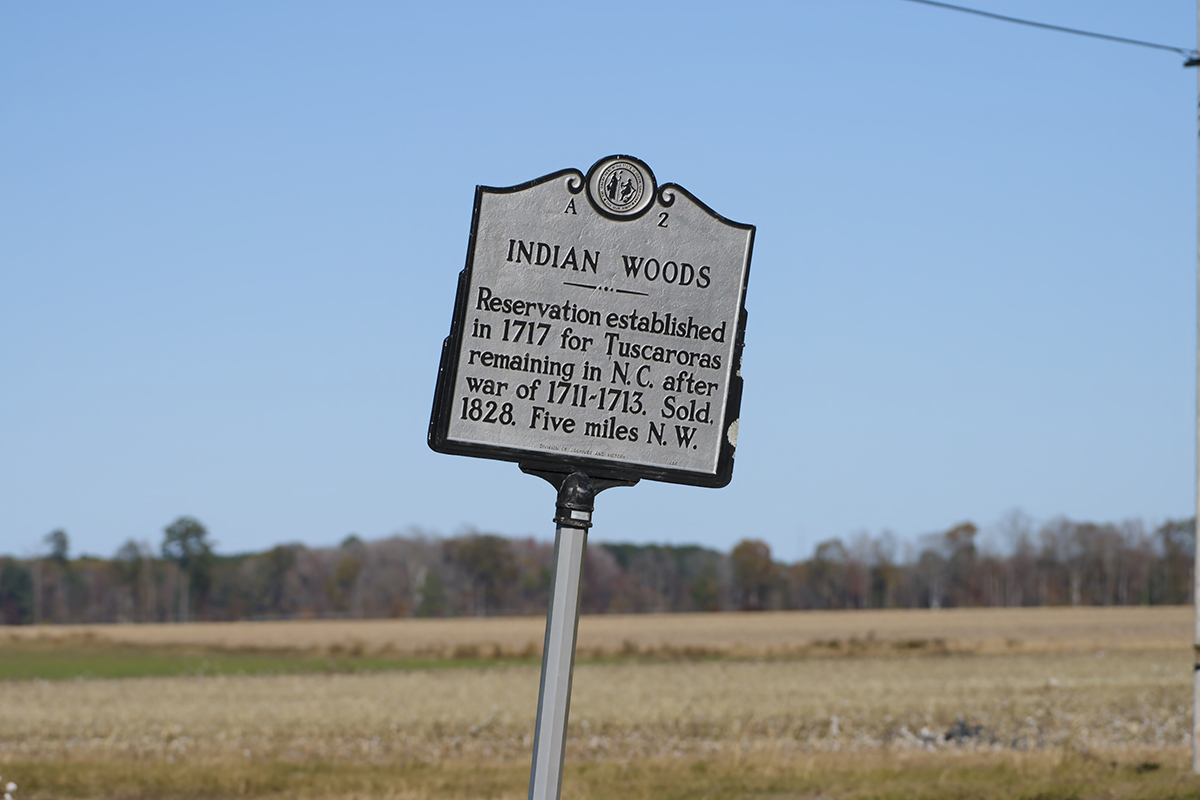 This North Carolina Highway Historical Marker for Indian Woods is south of Windsor city limits in Bertie County. Photo: Kip Tabb