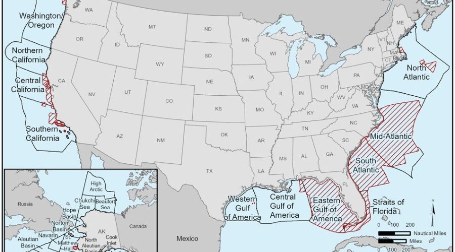 Areas restricted from Outer Continental Shelf oil and gas leasing in red. Map: BOEM