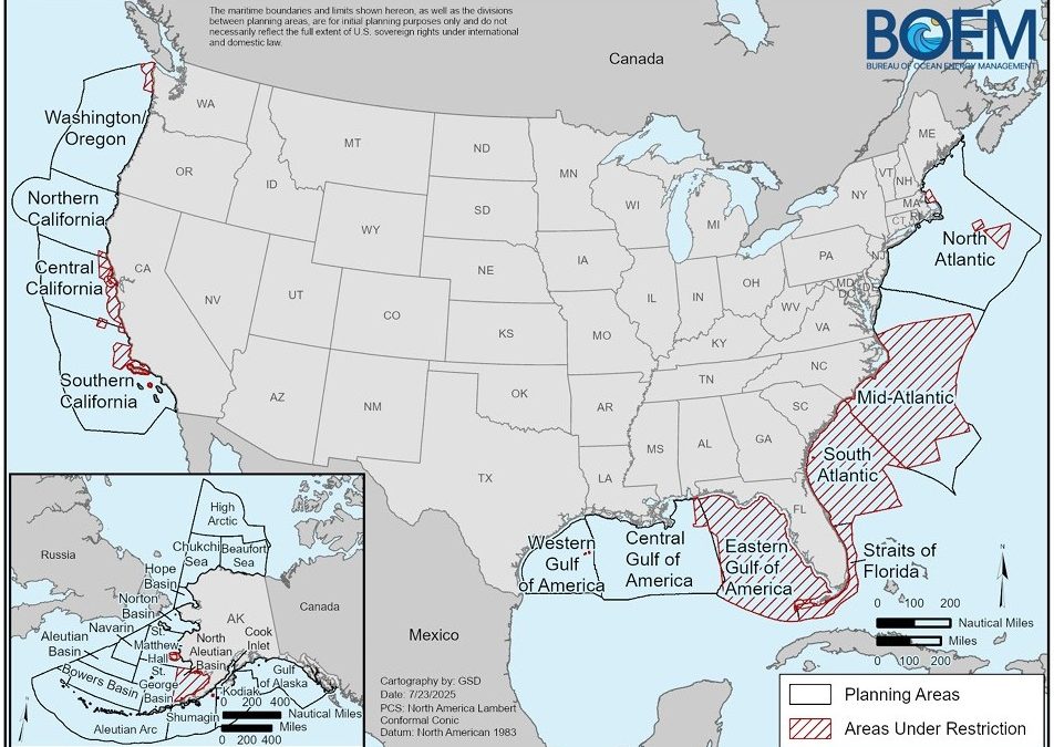 Areas restricted from Outer Continental Shelf oil and gas leasing in red. Map: BOEM