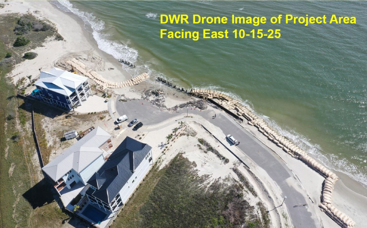 Drone image facing east at The Pointe subdivision on Ocean Isle Beach. Photo: NCDEQ