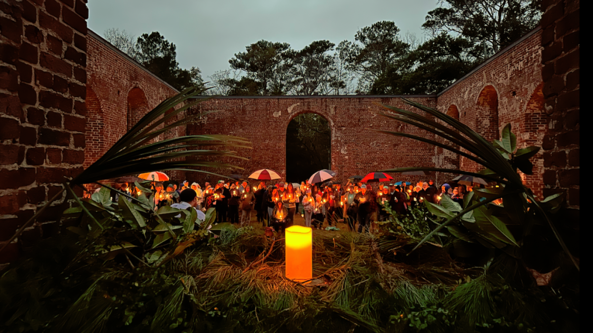 Visitors gather at the ruins of St. Phillips Church during an 18th Century Christmas at Brunswick Town. Photo: NCDNCR