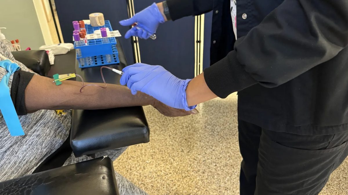 Phlebotomist Patricia Branham draws blood from a GenX Exposure Study participant at the Town of Navassa’s Community Center on Nov. 19, 2023.
