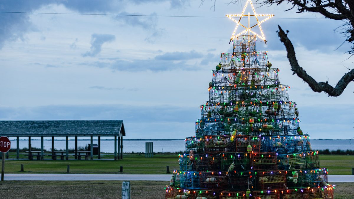 For the last several years, a small group of volunteers build a more than two-story Christmas tree made entirely out of crab pots. Photo: Baxter Miller