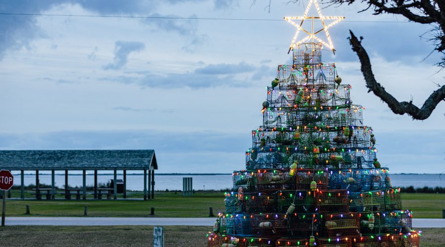 For the last several years, a small group of volunteers build a more than two-story Christmas tree made entirely out of crab pots. Photo: Baxter Miller