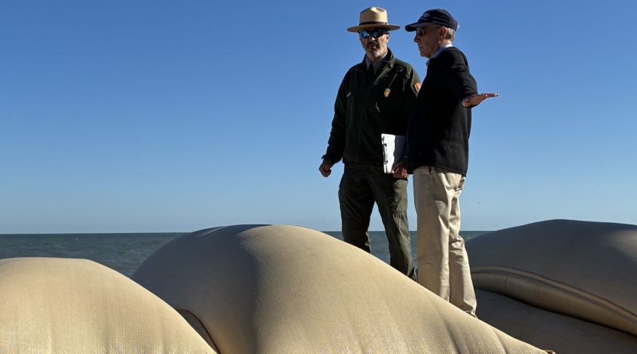 Cape Hatteras National Seashore Superintendent Dave Hallac, right, and NCDEQ Secretary Reid Wilson Nov. 24 during a tour of Rodanthe and Buxton. Photo: NCDEQ