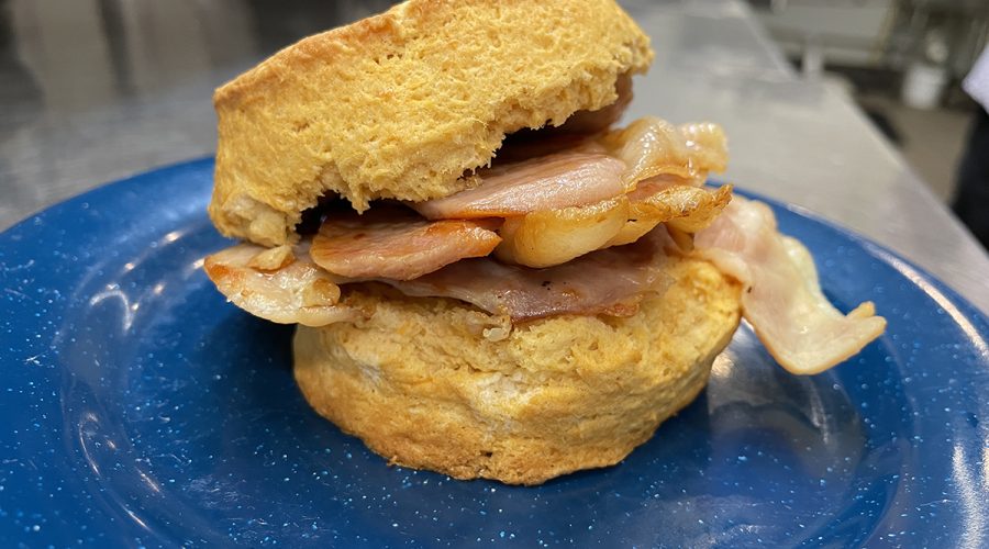 Fried country ham on a sweet potato biscuit is a holiday tradition in North Carolina. This one is served at Taylor’s Oak Restaurant in Camden. Photo: Liz Biro