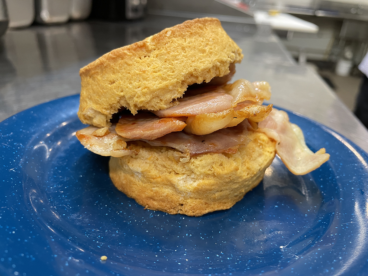 Fried country ham on a sweet potato biscuit is a holiday tradition in North Carolina. This one is served at Taylor’s Oak Restaurant in Camden. Photo: Liz Biro