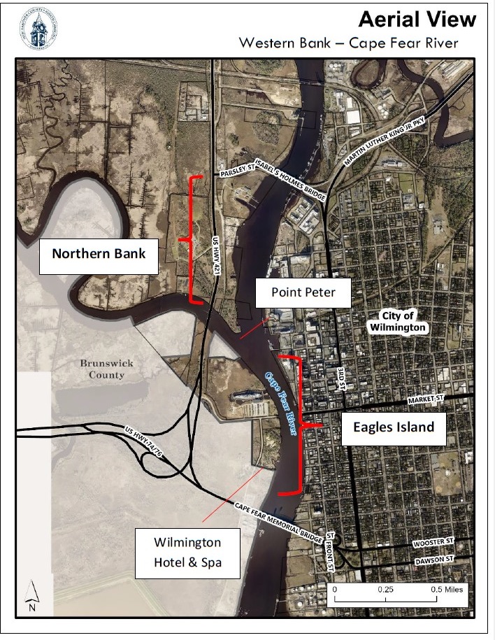 This aerial image includes the location of the area including the two parcels. Map: New Hanover County