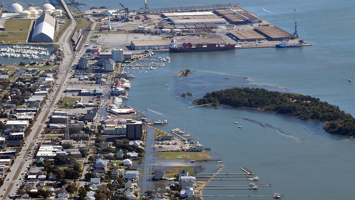 The North Carolina Port of Morehead City is shown at the top third of this November 2021 image along with its rail facilities, including the trestle connecting with lines on Radio Island, top left. Photo: Mark Hibbs/Southwings