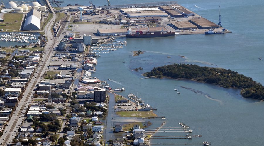 The North Carolina Port of Morehead City is shown at the top third of this November 2021 image along with its rail facilities, including the trestle connecting with lines on Radio Island, top left. Photo: Mark Hibbs/Southwings