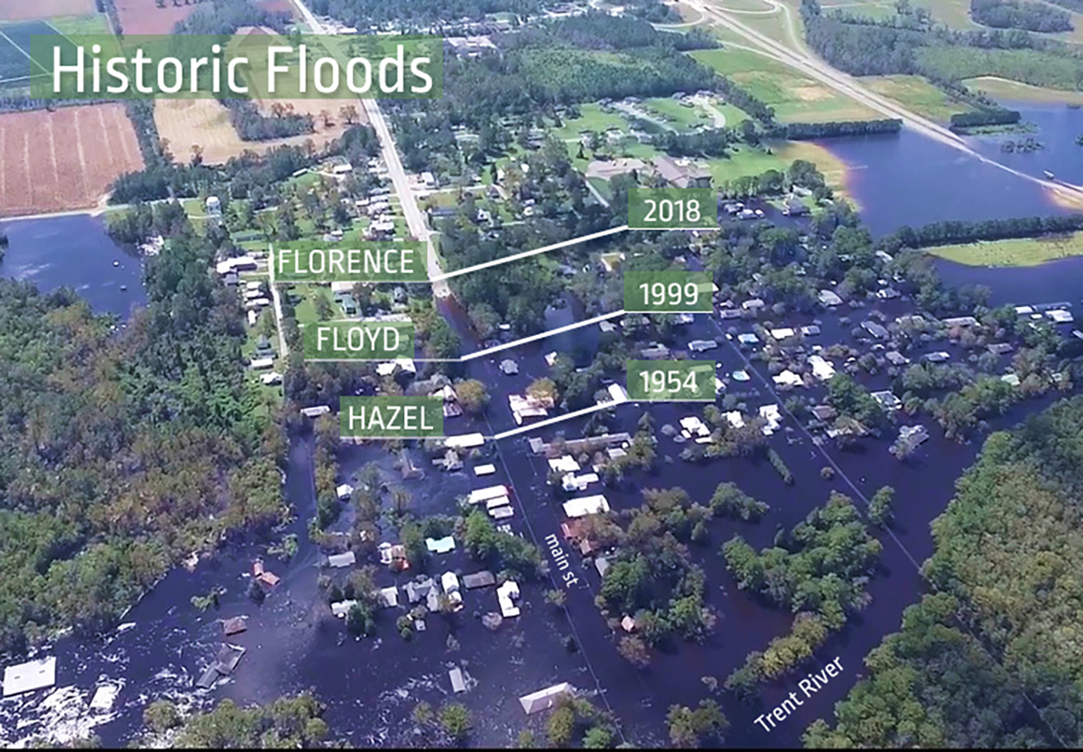This aerial photo on the Pollocksville town recovery and resiliency webpage shows the extent of Trent River flooding through historic storms.