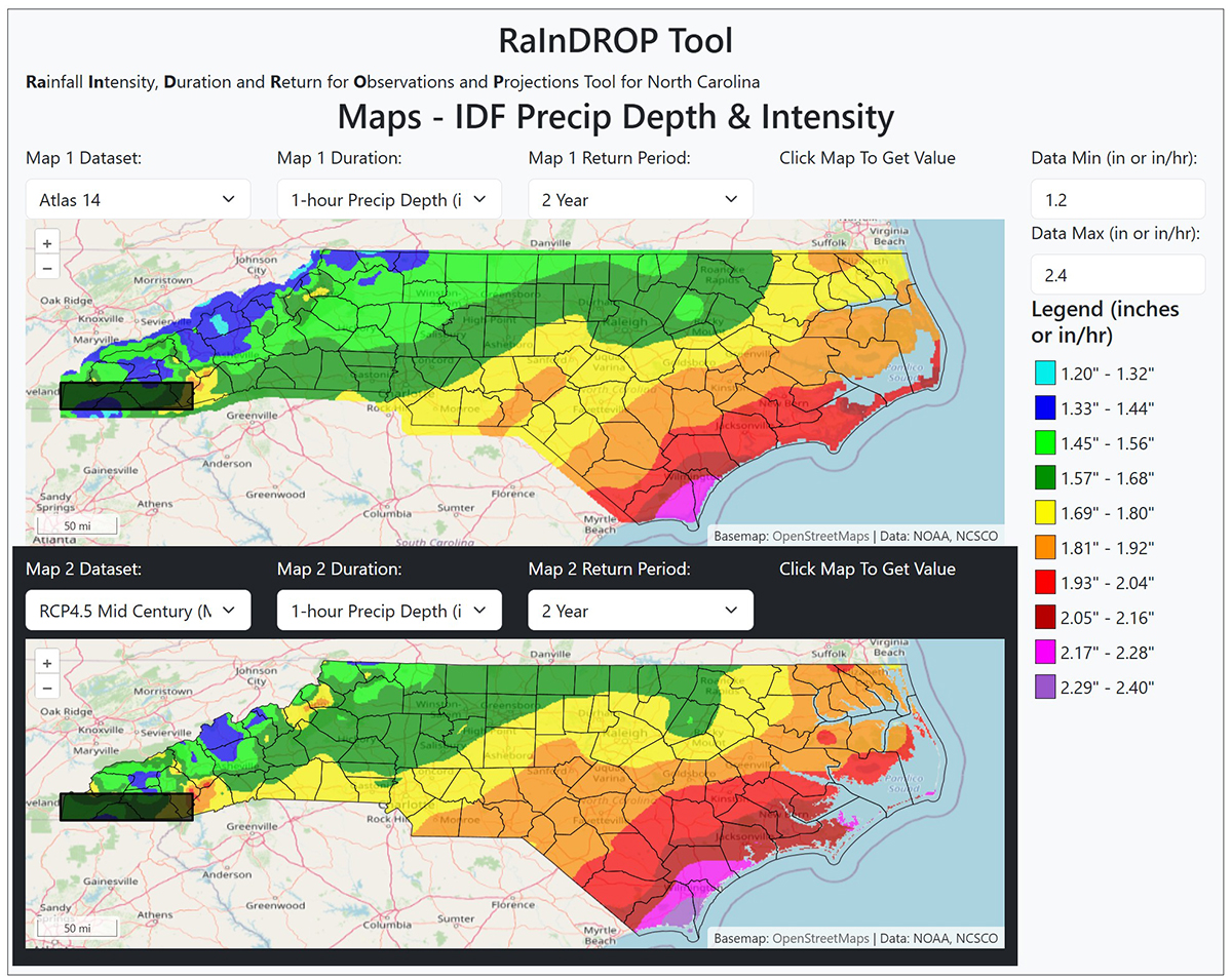 A screenshot of the Rainfall Intensity, Duration and Return for Observations and Projections Tool for North Carolina, or RaInDROP.
