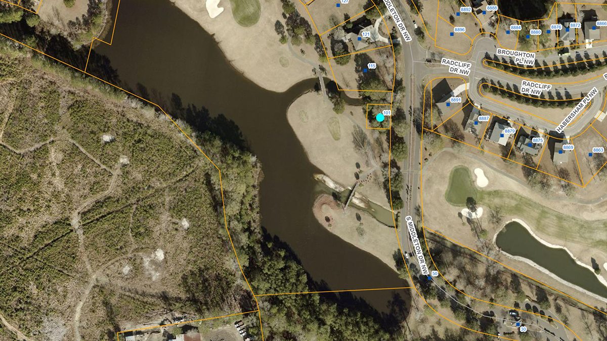 About 34,650 gallons of untreated sewage was discharged near near 101 South Middleton Drive NW, indicated by the teal dot, and reached the Little Cawcaw Swamp. Image: Brunswick County GIS