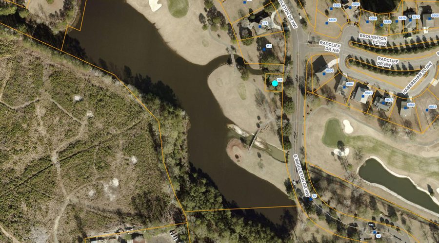 About 34,650 gallons of untreated sewage was discharged near near 101 South Middleton Drive NW, indicated by the teal dot, and reached the Little Cawcaw Swamp. Image: Brunswick County GIS