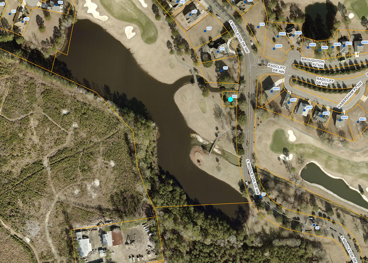 About 34,650 gallons of untreated sewage was discharged near near 101 South Middleton Drive NW, indicated by the teal dot, and reached the Little Cawcaw Swamp. Image: Brunswick County GIS