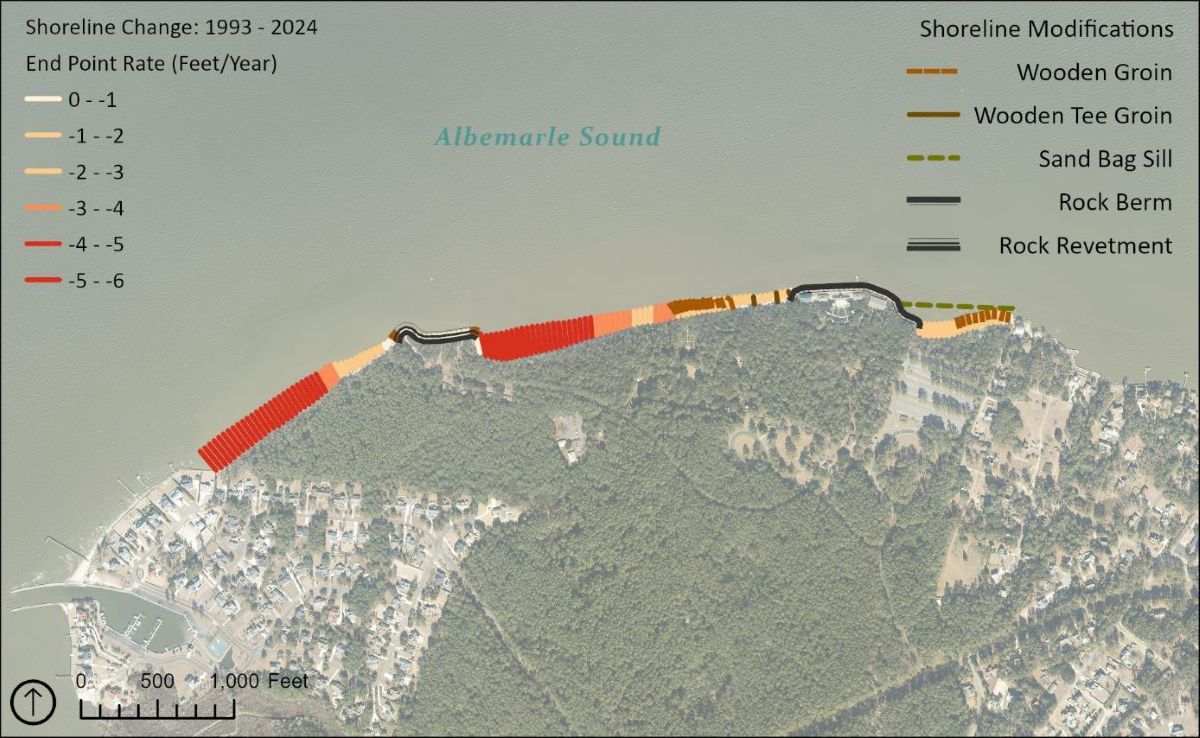 Map of the shoreline change rates and existing shoreline modifications at Fort
Raleigh National Historic Site and Elizabethan Gardens. Graphic: National Park Service