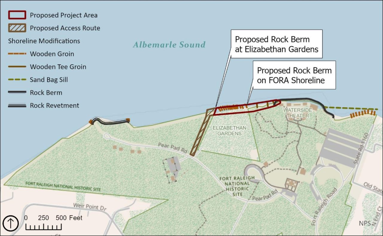 Project location map of the proposed project to stabilize the shoreline along Elizabethan Gardens and a section of the shoreline at the Fort Raleigh National Historic Site. Map: National Park Service
