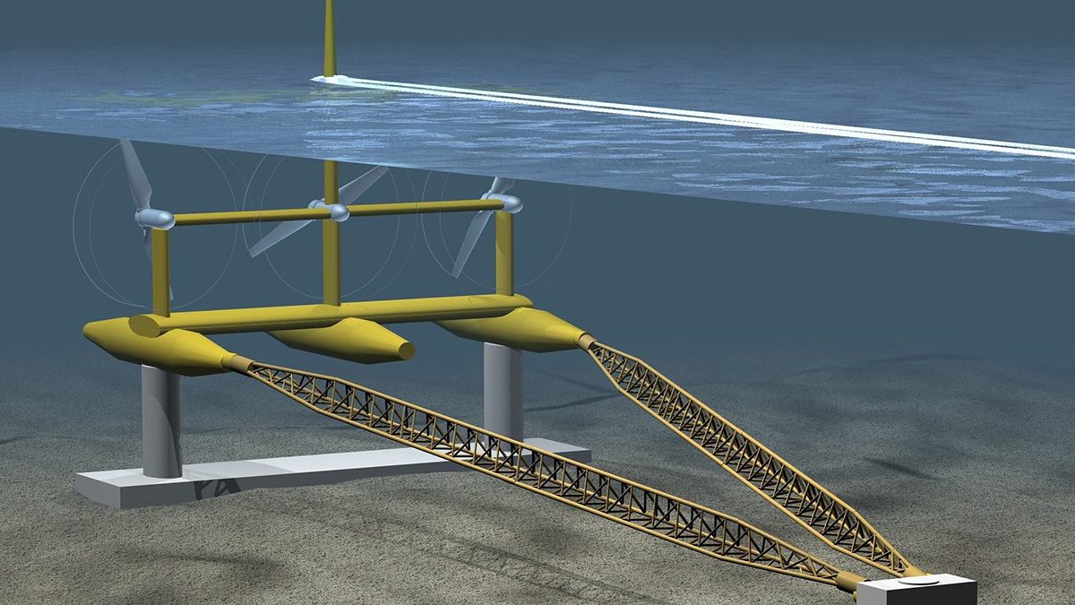 A type of undersea marine current turbine rendering associated with a tidal test project in Nova Scotia. Image: FORCE Tidal Energy Technologies