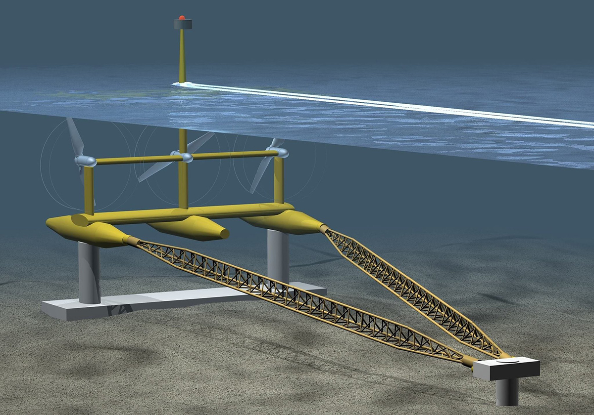 A type of undersea marine current turbine rendering associated with a tidal test project in Nova Scotia. Image: FORCE Tidal Energy Technologies