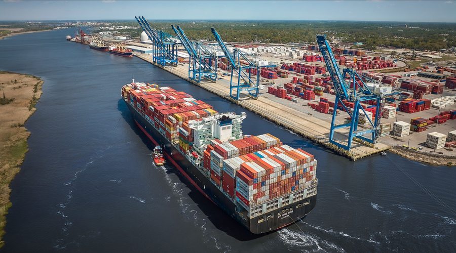 The cargo container ship Zim Hong Kong arrives at the North Carolina Port of Wilmington in an undated photo from the State Ports Authority.