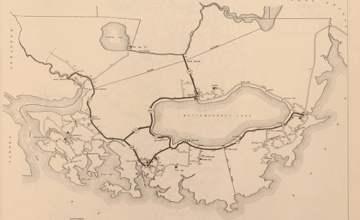 This is a 1936 road map for Hyde County, just east of Terra Ceia. Lake Mattamuskeet occupies the map’s center-right section. A few years before this map was drawn, the lake had reclaimed its bottom and nearly all of New Holland – a hotel, train depot, store, warehouses, barns, cottages – had been flooded and abandoned. On this map, the remnants of New Holland are still indicated as being on the lake’s south shore. Courtesy, State Archives of North Carolina