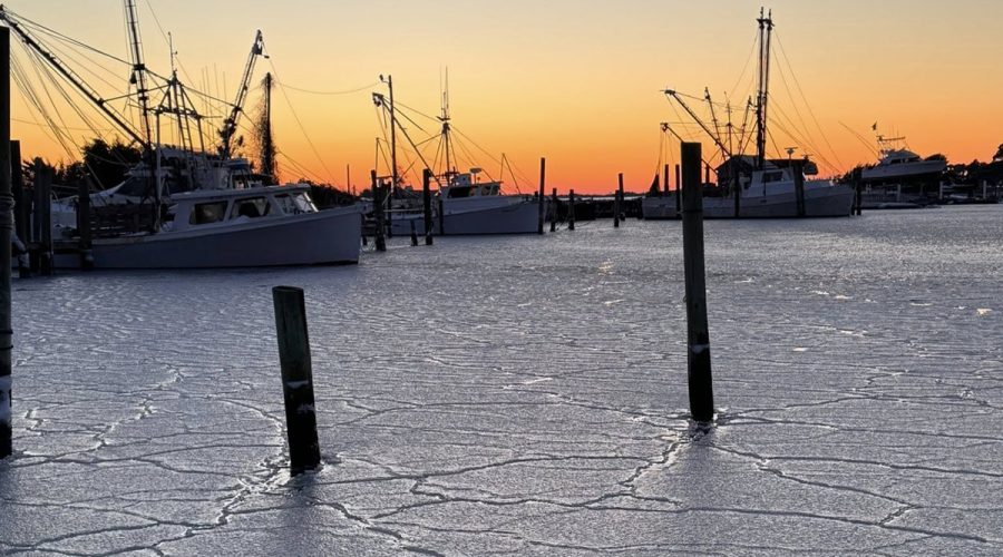 Marshallberg Harbor is iced in during last weekend's winter storm. Despite warmer temperatures in the days since, black ice and snow along with refreezing of standing water remain a threat to travel, National Weather Service forecasters in Newport said Thursday. Also, after this brief improvement, strong winds will again develop Friday night over coastal waters as an Arctic front moves through the region, producing strong gale conditions expected to persist into Sunday morning. Photo: Rachael Carlyle
