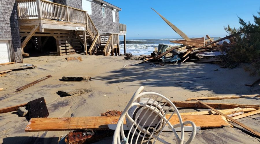 House debris is scattered on the beach south of Buxton on Feb. 2. Photo: Joy Crist/Island Free Press