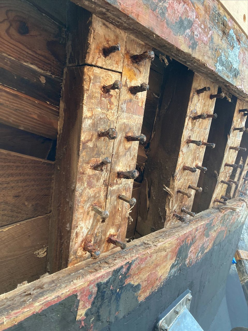 The Elizabeth II’s port-side aft framing is visible with planks removed in this photo by Alex Hadden in 2021 that’s included in the review report by Capt. Paul Haley of Capt. G. W. Full & Associates Marine Surveyors of West Hyannisport, Maine.