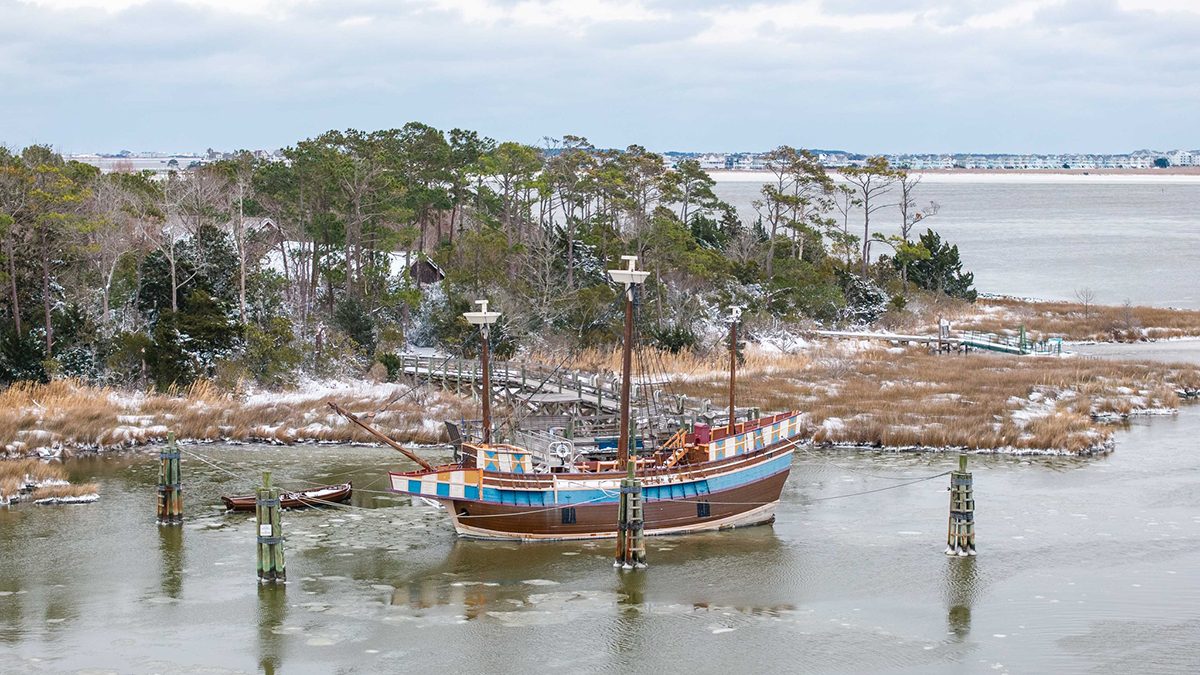 The 43-year-old, 69-foot-long, three-masted, square-rigged, sailing ship Elizabeth II built as a representation of late-1500s vessels is surrounded by ice and snow Sunday at its mooring in Manteo. Photo: Wes Snyder Photography