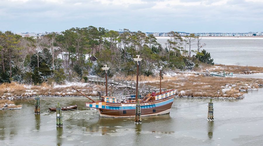 The 43-year-old, 69-foot-long, three-masted, square-rigged, sailing ship Elizabeth II built as a representation of late-1500s vessels is surrounded by ice and snow Sunday at its mooring in Manteo. Photo: Wes Snyder Photography