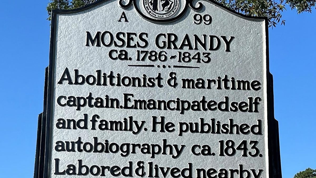 The highway marker honoring Moses Grandy, a formerly enslaved man who published his autobiography, was unveiled in September 2025. Photo: North Carolina Department of Natural and Cultural Resources