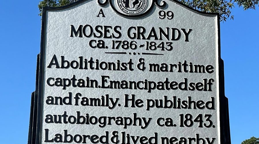 The highway marker honoring Moses Grandy, a formerly enslaved man who published his autobiography, was unveiled in September 2025. Photo: North Carolina Department of Natural and Cultural Resources