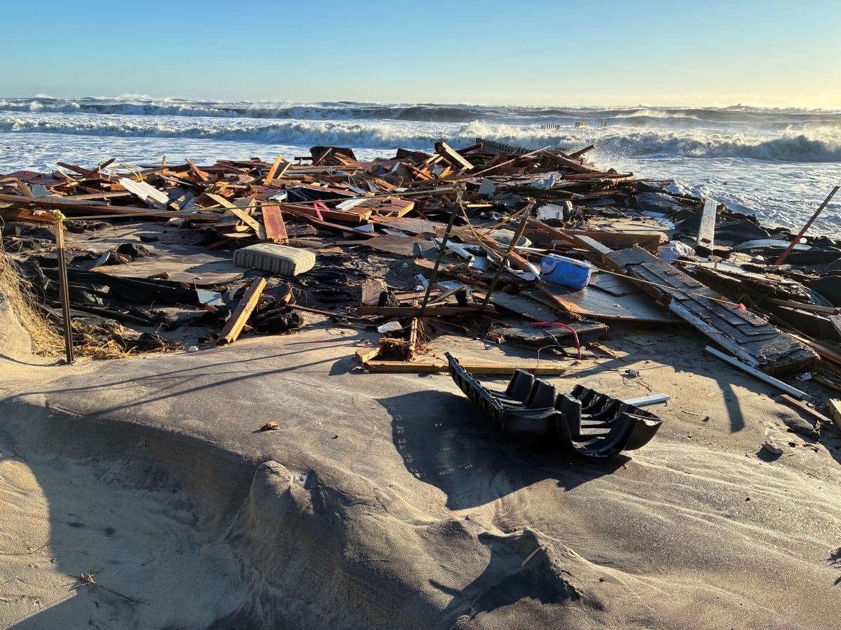 House debris south of Buxton Village, near southernmost groin Monday morning. Photo: NPS