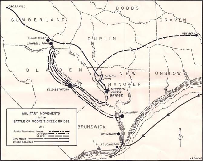 W.K. Hubbell, "Military Movements in the Battle of Moore's Creek Bridge," 1952, MC.175.1952h, State Archives of North Carolina. Image, courtesy of the North Carolina Department of Natural and Cultural Resources