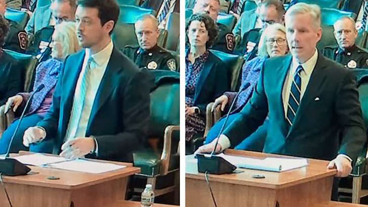 Plaintiffs’ attorney Troy Shelton, left, speaks during oral arguments, and Chris Geis, representing Currituck County, addresses the N.C. Supreme Court.