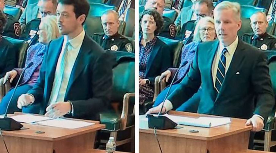 Plaintiffs’ attorney Troy Shelton, left, speaks during oral arguments, and Chris Geis, representing Currituck County, addresses the N.C. Supreme Court.