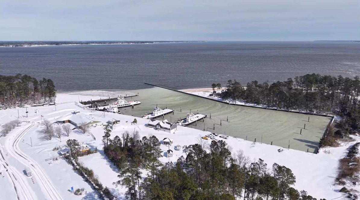 The North Carolina Department of Transportation Ferry Division's Cherry Branch terminal on the Neuse River near Havelock is iced in Monday. Photo: Ferry Division