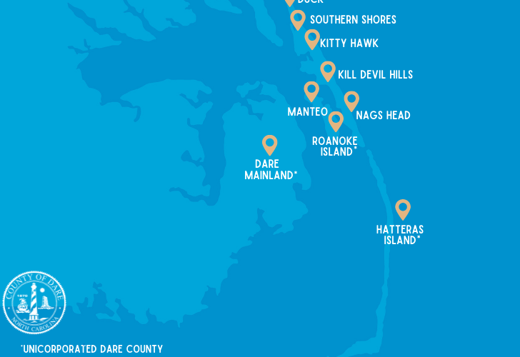 Dare County is home to six municipalities: Duck, Southern Shores, Kitty Hawk, Kill Devil Hills, Nags Head and Manteo. The remainder of the county is unincorporated. Map: Dare County