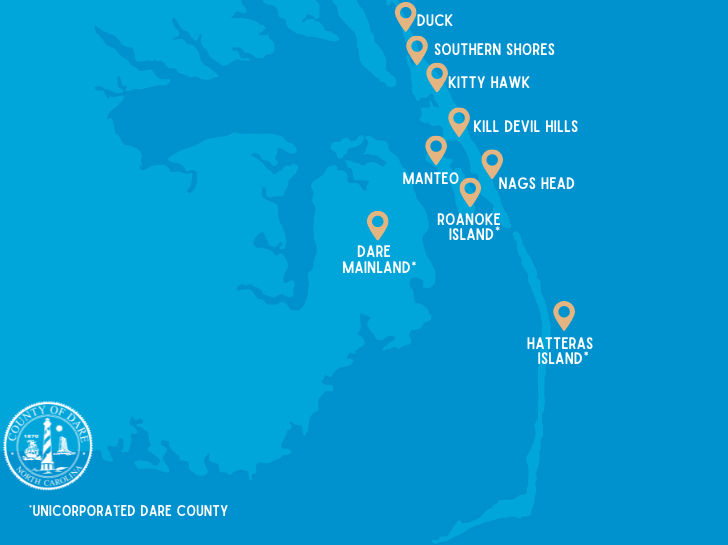 Dare County is home to six municipalities: Duck, Southern Shores, Kitty Hawk, Kill Devil Hills, Nags Head and Manteo. The remainder of the county is unincorporated. Map: Dare County