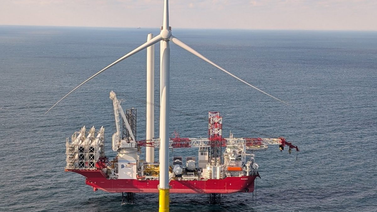 The Dominion Energy Coastal Virginia Offshore Wind project's first turbine is installed in January. Photo: Matthew Brooks/Dominion Energy Matthew Brooks