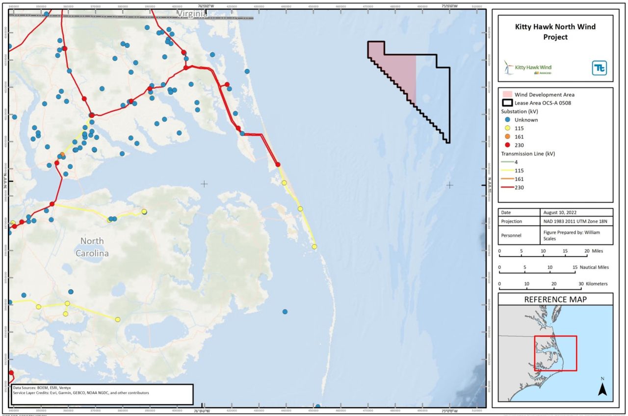 An early map showing North Carolina electrical transmission infrastructure for what was then called Kitty Hawk Wind. Map: Avangrid