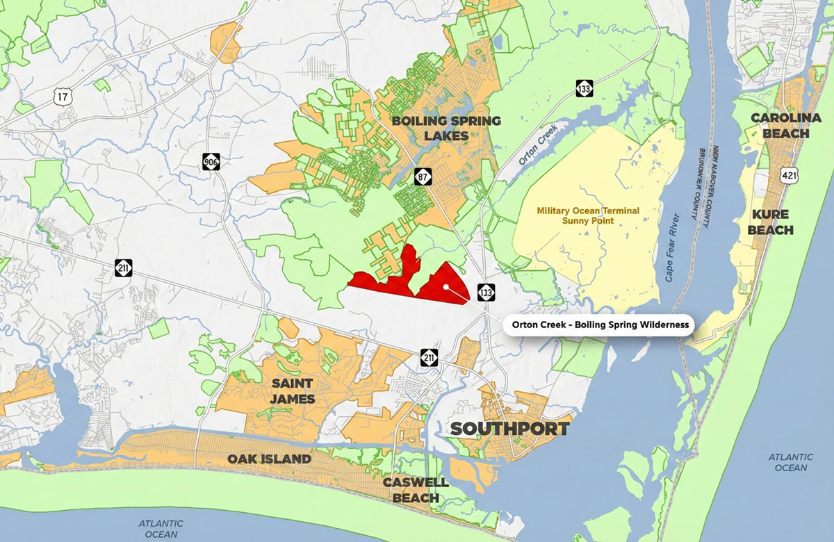 The conservation easement encompasses 1,040 acres at the headwaters of Orton Creek, a Cape Fear River tributary, and provides a "conservation bridge" connecting adjoining tracts for 10,000 acres of protected natural areas. Map: Unique Places to Save