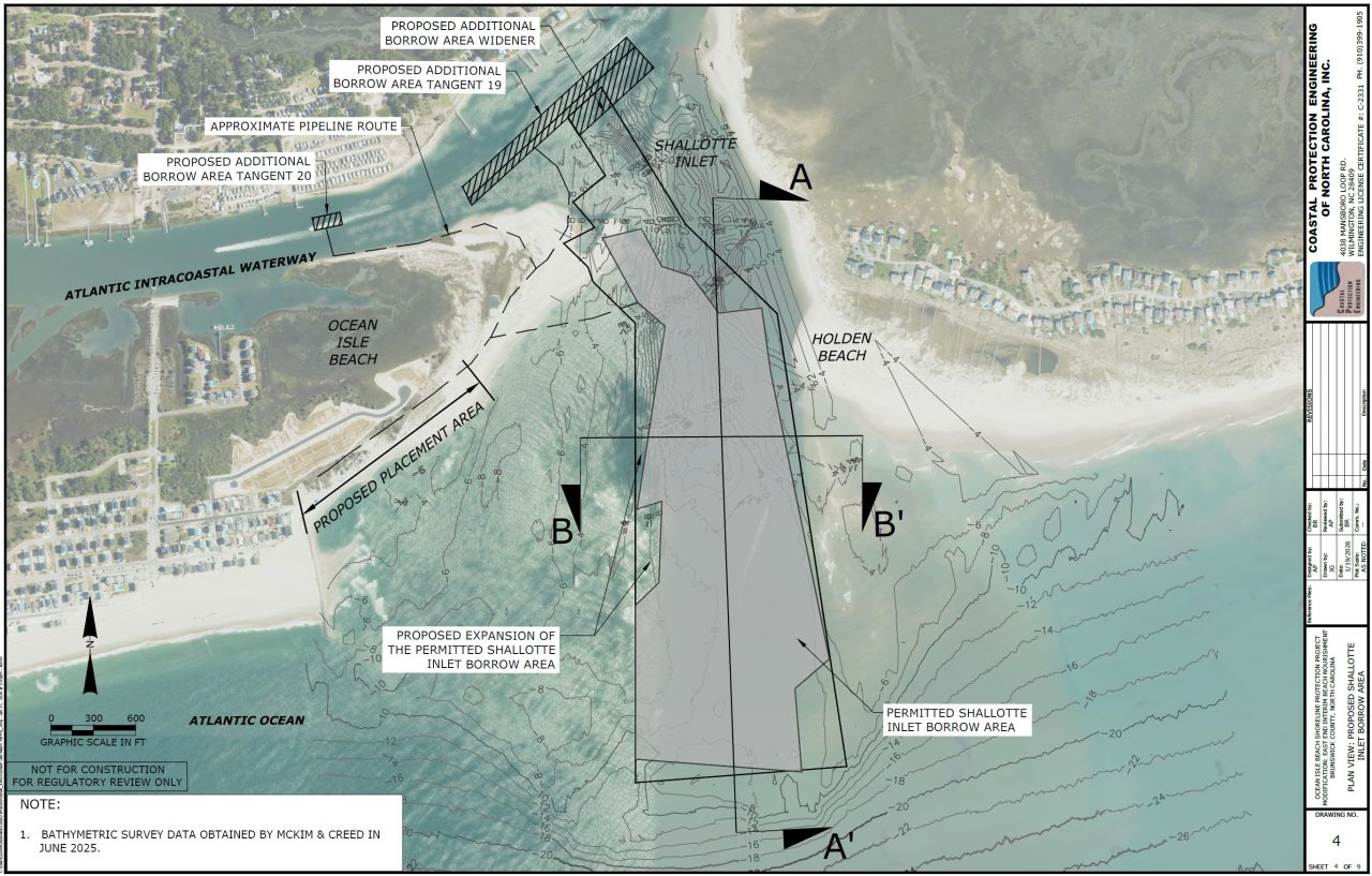 Map from NCDEQ shows the existing Shallotte Inlet borrow area and proposed expanded area. 