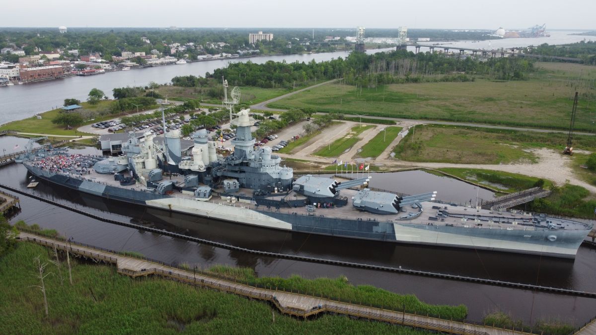   Aerial of the USS Battleship North Carolina in Wilmington, taken in April 2023. Photo: Battleship North Carolina/Ted Powers