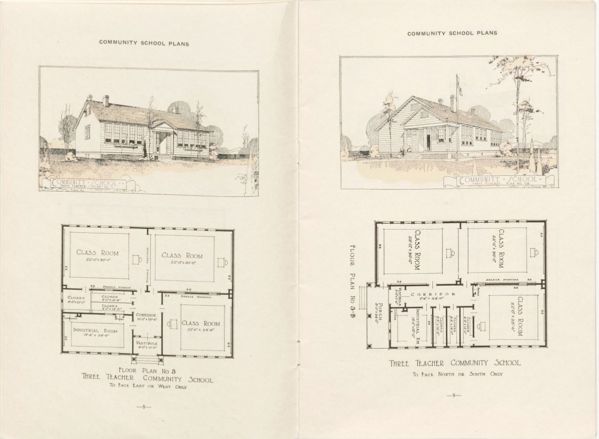 Rosenwald School floor plans, such as this one for a three-room schoolhouse, were provided free of charge.
