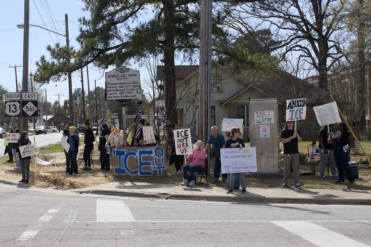 Protestors gather Saturday in Ahoskie to demonstrate against the proposed reopening of the Rivers Correctional Facility in Winton. Photo: Kip Tabb